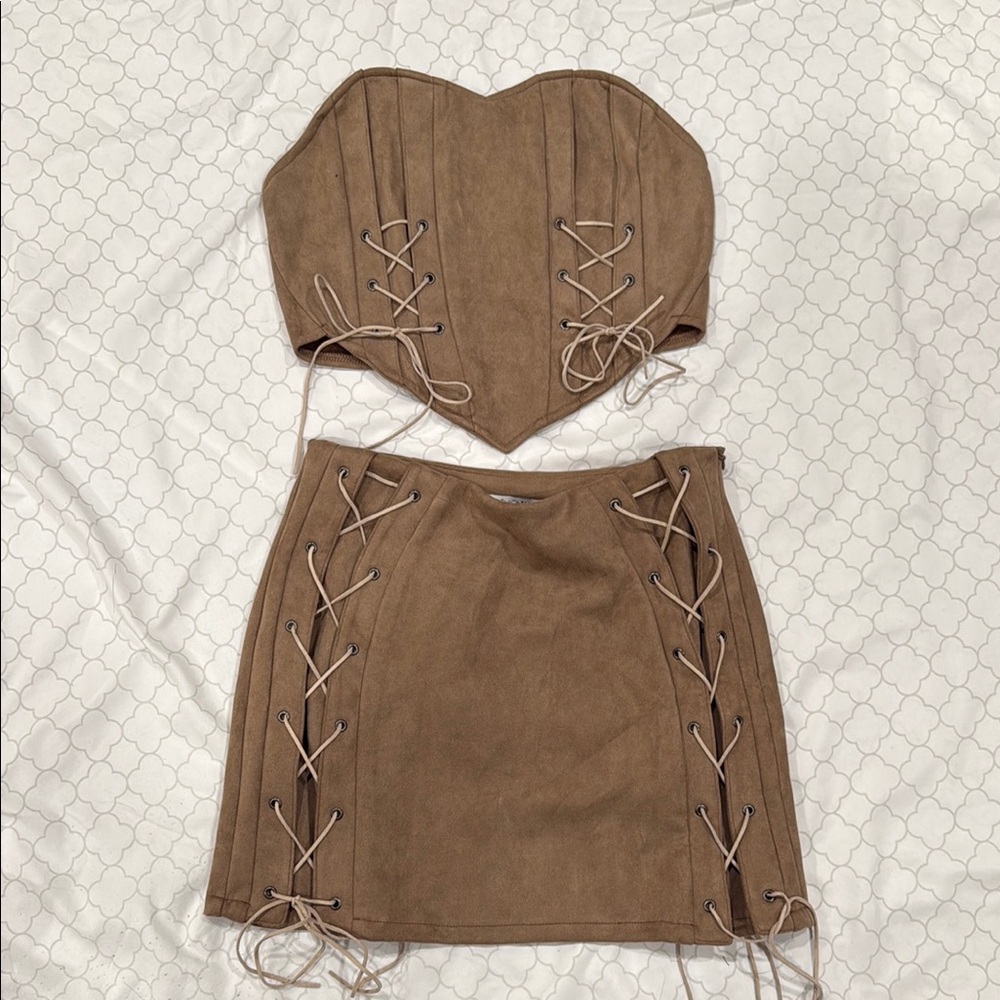 Taupe Lace-Up Skirt Set